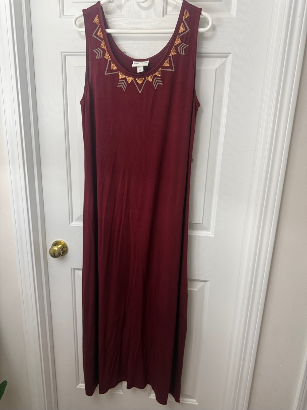 Ava & Viv Burgundy Maxi Dress with Gold Embroidered Neckline